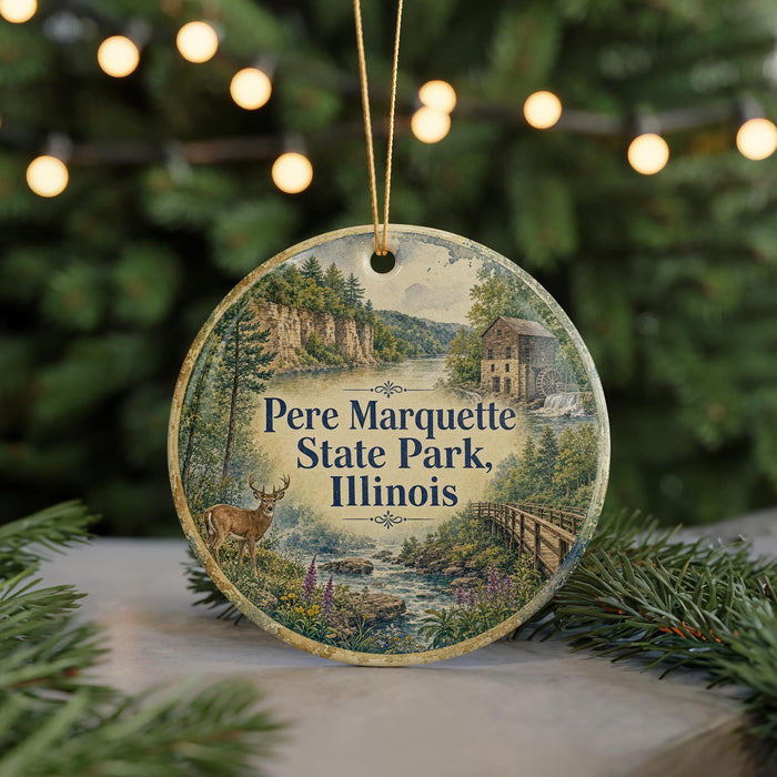 A round ornament with a scenic image of a park, featuring a deer, a bridge, and a river, along with the text "Pere Marquette State Park, Illinois".