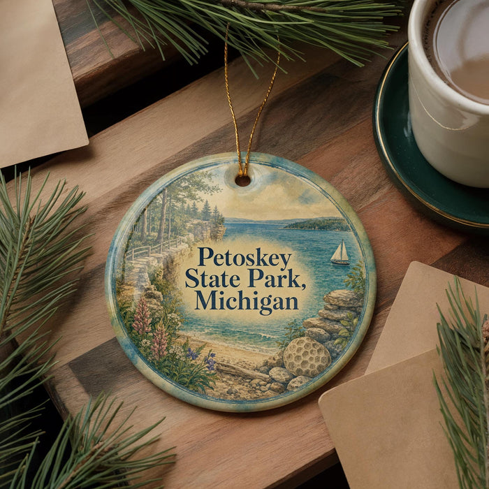A decorative ornament featuring a scenic image of Petoskey State Park, Michigan, with a sailboat and a beach in the background.