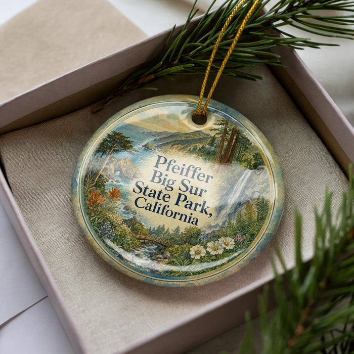 A decorative ornament with a scenic landscape of Big Sur State Park, California, featuring a waterfall and pine trees.
