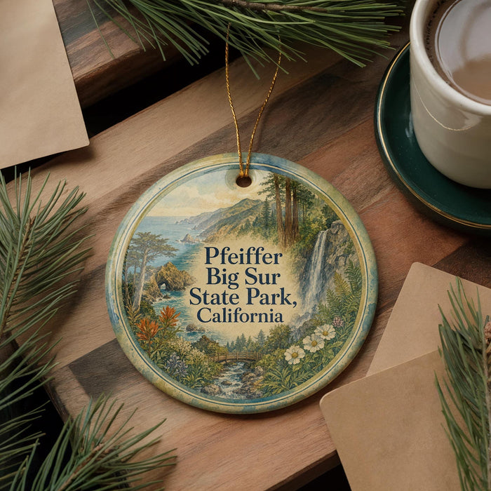 A decorative ornament with a scenic landscape of Big Sur State Park, California, featuring pine trees, a waterfall, and a river.