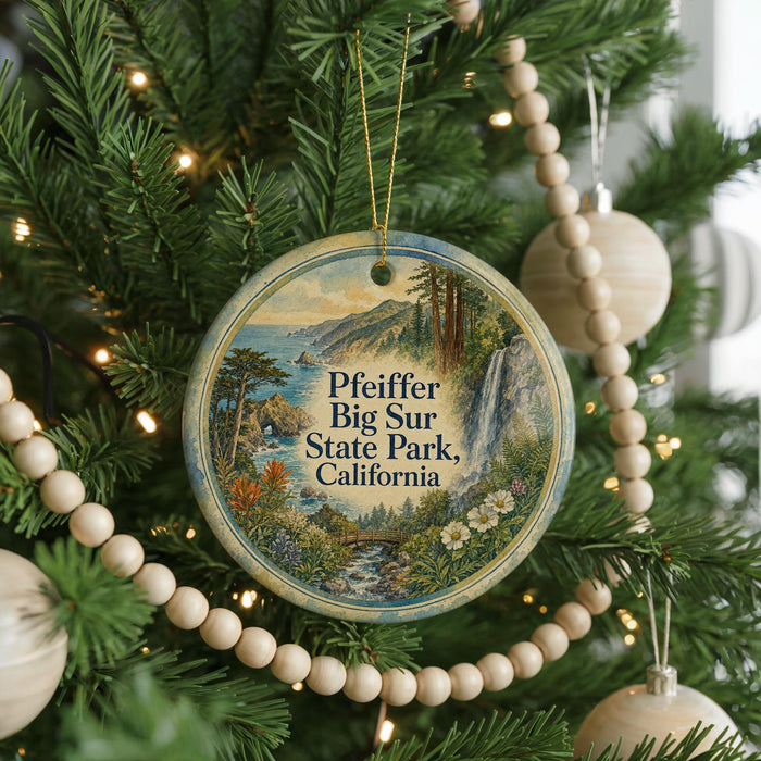A round ornament hanging on a Christmas tree, featuring a scenic landscape with a river, mountains, and trees.