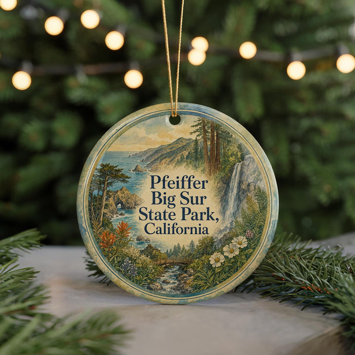 A round ornament with a scenic landscape of Big Sur State Park, California, featuring a mountain, river, and pine trees.