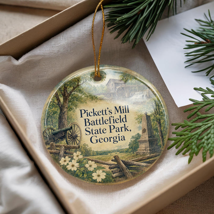 A decorative ornament with a scenic image of Pickett's Mill Battlefield State Park, Georgia, hanging from a string.