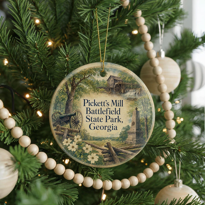 A round ornament hanging on a Christmas tree, featuring a scenic image of Pickett's Mill Battlefield State Park, Georgia.