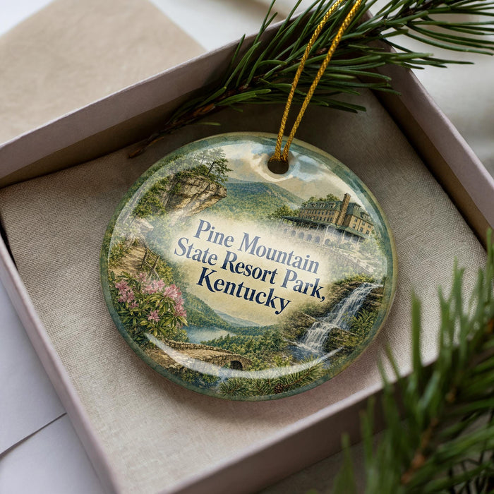 A decorative ornament with a scenic image of Pine Mountain State Resort Park, Kentucky, displayed in a box with pine branches.