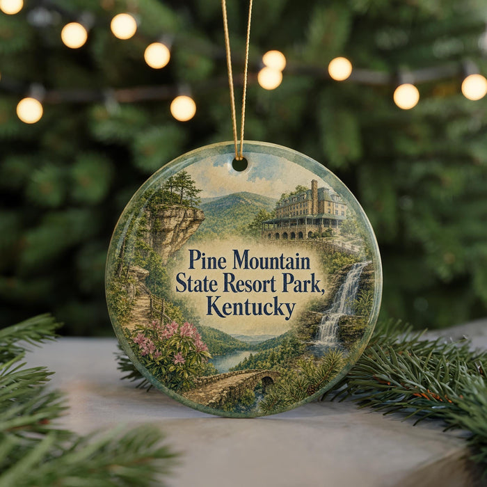 A round ornament featuring a scenic image of Pine Mountain State Resort Park, Kentucky, with a waterfall and a building in the background.