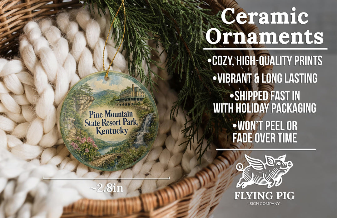 Ceramic ornaments, featuring a scenic image of Pine Mountain State Resort Park, Kentucky, hanging from a wicker basket.