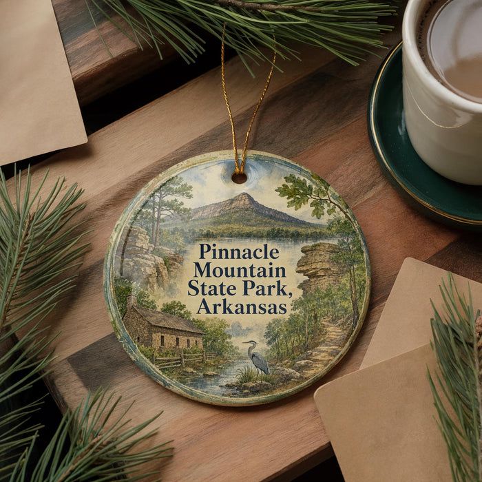 A decorative ornament featuring a scenic landscape of Pinnacle Mountain State Park, Arkansas, with pine trees and a bird in the foreground.
