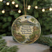 A round ornament with a scenic landscape of Pinnacle Mountain State Park, Arkansas, featuring a cabin, a bird, and a mountain in the background.