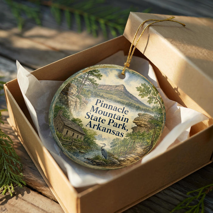 A decorative ornament in a wooden box, featuring a scenic landscape with a mountain, trees, and a bird.