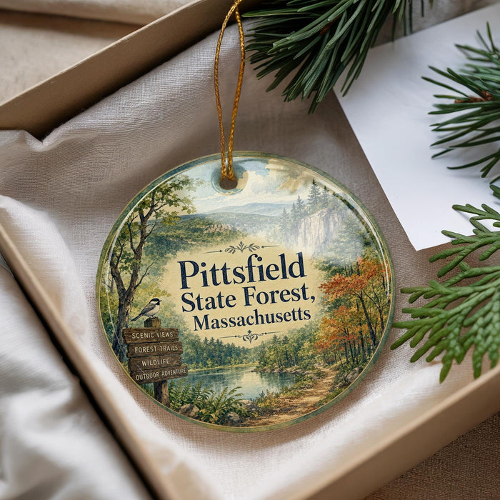A decorative ornament with a scenic forest landscape, featuring a bird perched on a tree branch, is displayed in a box with pine branches.
