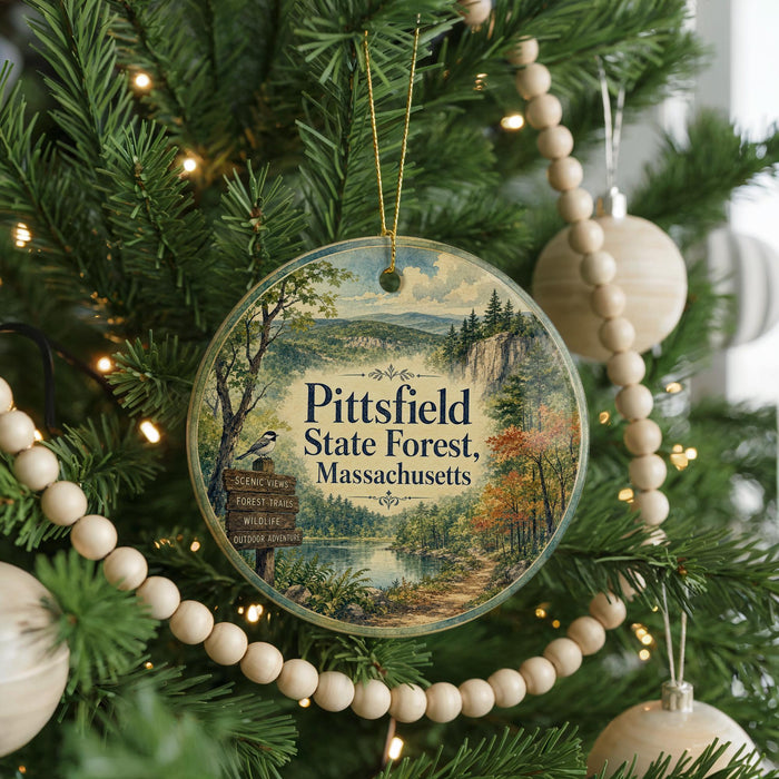 A round ornament hanging on a Christmas tree, featuring a scenic view of the Pittsburgh State Forest in Massachusetts.