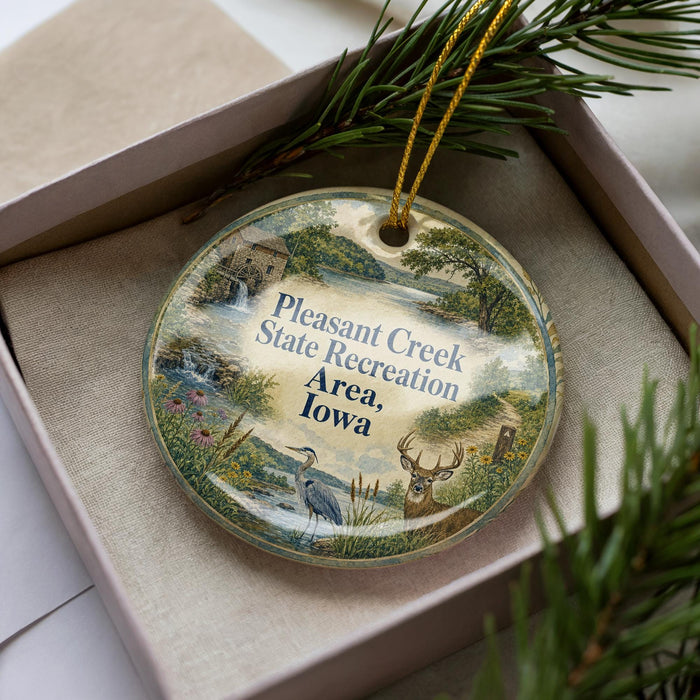 A decorative ornament in a box, featuring a scenic landscape with a river, trees, and wildlife, including a deer and a bird.