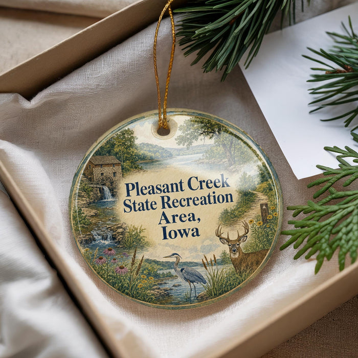 A decorative ornament with a scenic landscape featuring a river, waterfall, and wildlife, including a deer, is displayed in a box with pine branches.