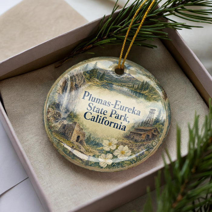 A decorative ornament in a box, featuring a scenic landscape with buildings and trees, and the text "Plumas-Eureka State Park, California" printed on it.