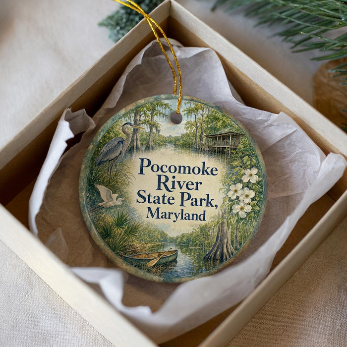 A decorative ornament in a box, featuring a serene image of the Pocomoke River State Park in Maryland.