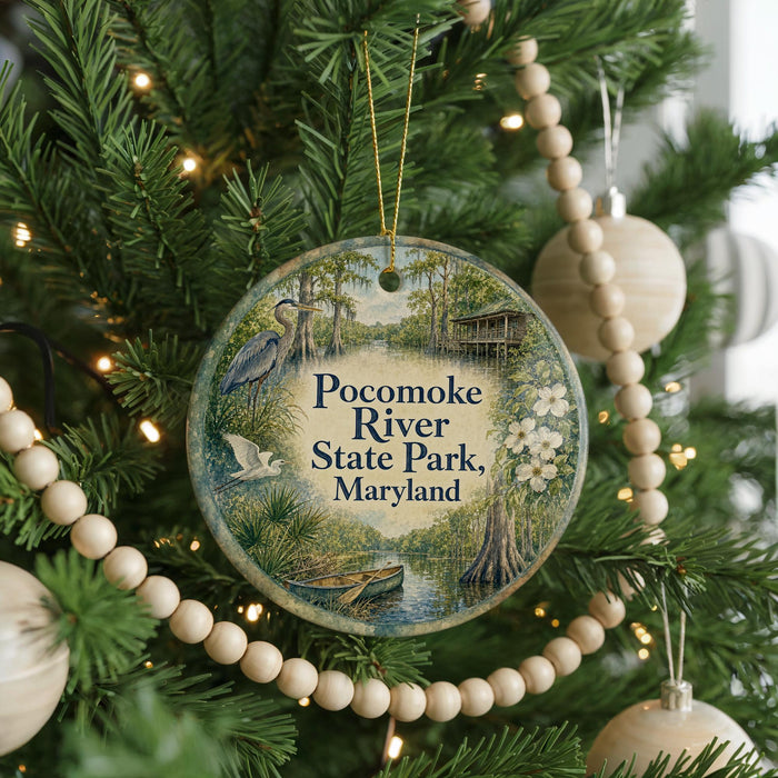 A round ornament hanging on a Christmas tree, featuring a scenic image of the Potomoke River State Park in Maryland.