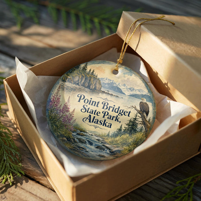 A decorative ornament in a brown box, featuring a scenic landscape with a river, mountains, and a bird perched on a tree branch.