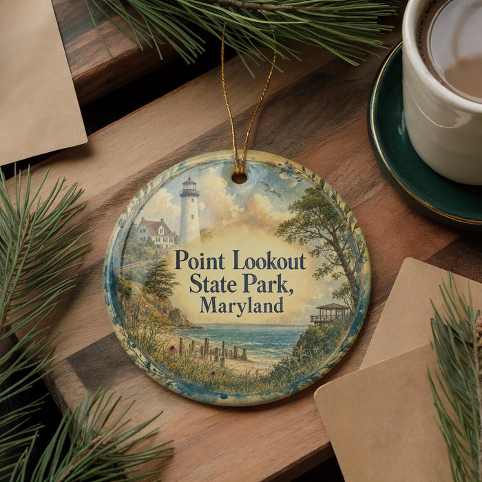 A round ornament with a lighthouse and a scenic landscape, featuring the text "Point Lookout State Park, Maryland".