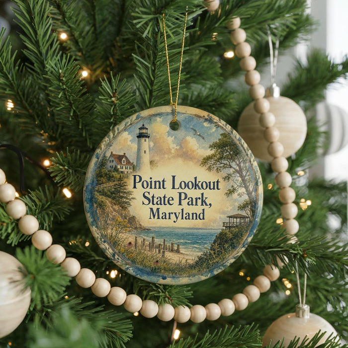 A round ornament hanging on a Christmas tree, featuring a lighthouse and a coastal landscape.
