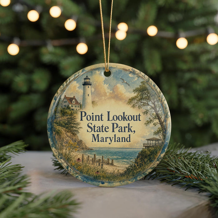 A round ornament with a lighthouse and a coastal scene, featuring the text "Point Lookout State Park, Maryland".