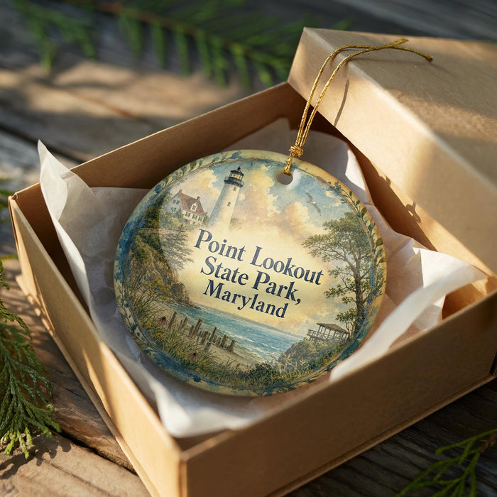 A round ornament in a box, featuring a lighthouse and a scenic landscape, with the text "Point Lookout State Park, Maryland" printed on it.