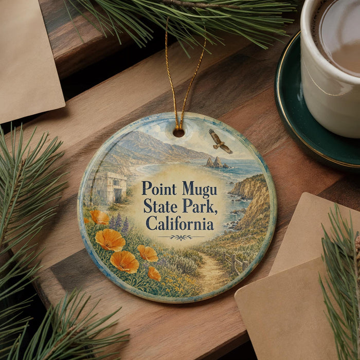 A decorative ornament with a scenic image of Point Mugu State Park, California, featuring a bird, flowers, and a path.