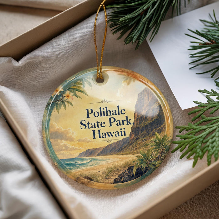A round ornament with a tropical beach scene and palm trees, featuring the text "Polihale State Park, Hawaii" on it.