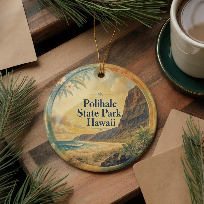 A round ornament with a scenic image of Polihale State Park in Hawaii, featuring a beach, mountains, and palm trees.
