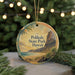 A circular ornament with a scenic image of Polihole State Park in Hawaii, featuring a beach, mountains, and palm trees.