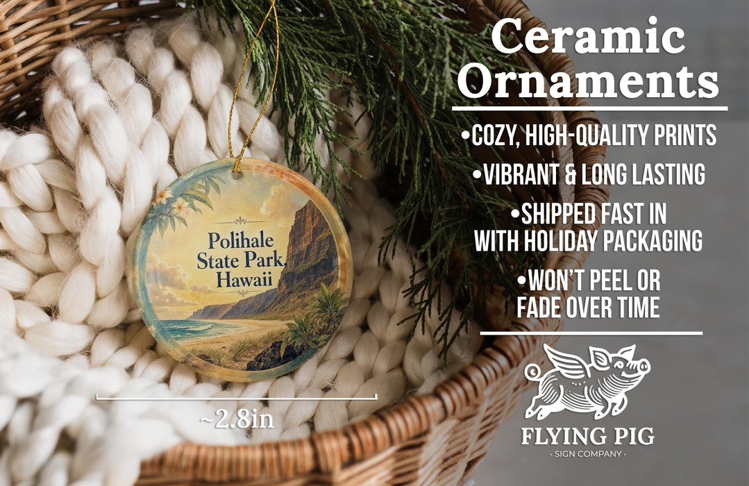 Ceramic ornaments, including a round ornament with a tropical beach scene, are displayed in a woven basket.