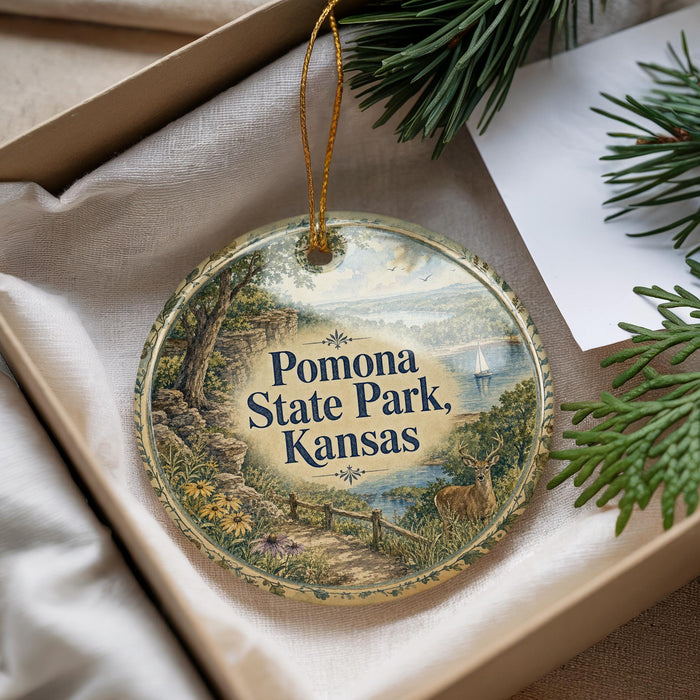A decorative ornament with a scenic landscape of Pomona State Park, Kansas, featuring a path, a body of water, and a boat.