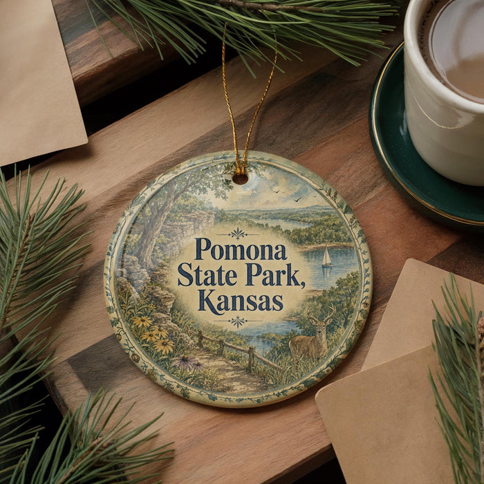 A decorative ornament with the text "Pomona State Park, Kansas" on it, surrounded by pine branches and a cup of coffee on a wooden surface.