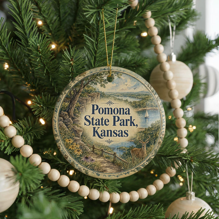 A round ornament hanging on a Christmas tree, featuring a scenic landscape with a path, a body of water, and a boat.