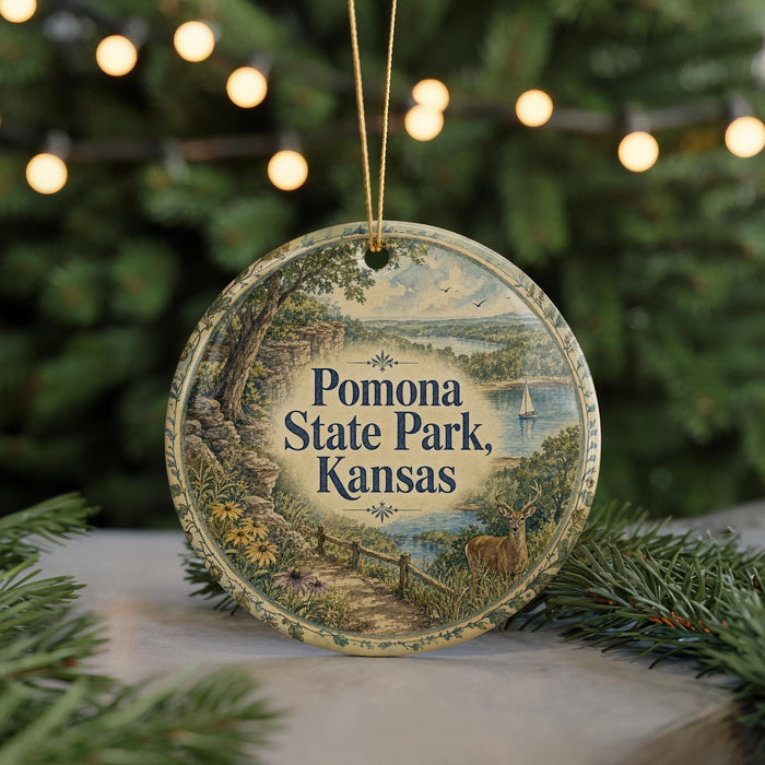 A round ornament with a scenic landscape of Pomona State Park, Kansas, featuring a path, a river, and a bird in flight.