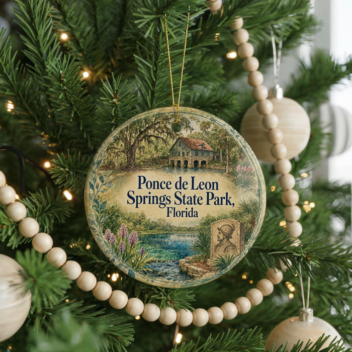 A round ornament hanging on a Christmas tree, featuring a scenic image of Ponce de Leon Springs State Park in Florida.
