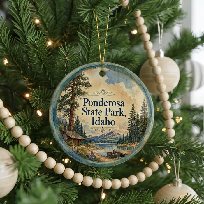 A round ornament hanging on a Christmas tree, featuring a scenic landscape with a cabin and pine trees.