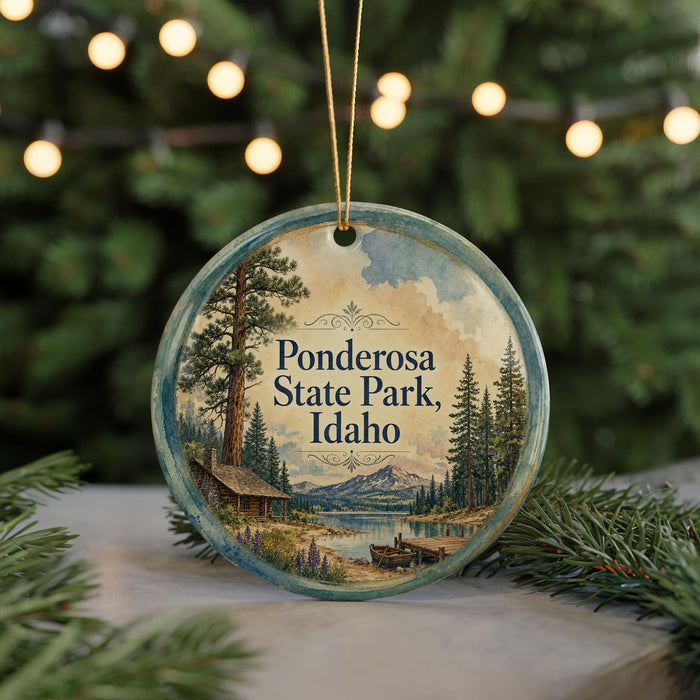 A round ornament with a scenic landscape of Ponderosa State Park, Idaho, featuring a cabin, pine trees, and a lake.
