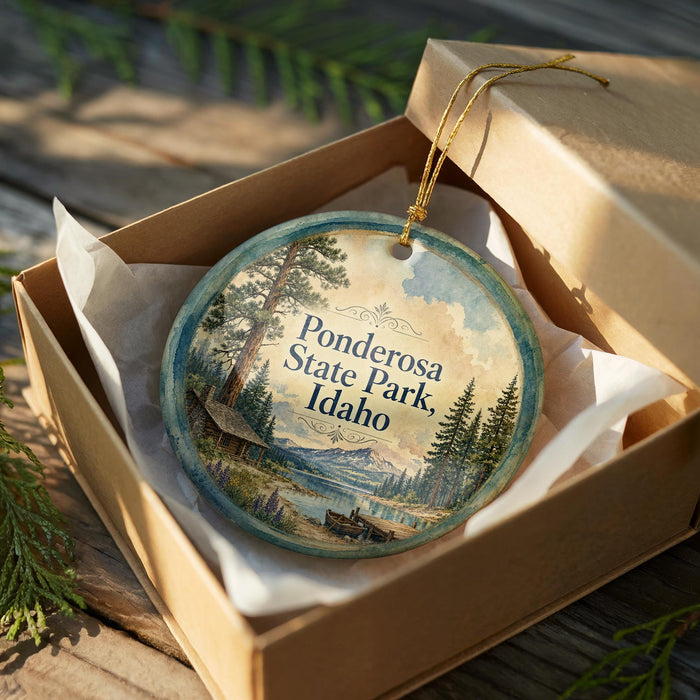 A round ornament in a wooden box, featuring a scenic landscape with pine trees and mountains, with the text "Ponderosa State Park, Idaho" printed on it.