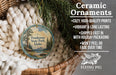 Ceramic ornaments, featuring a design of Ponderosa State Park, Idaho, hanging from a wicker basket.