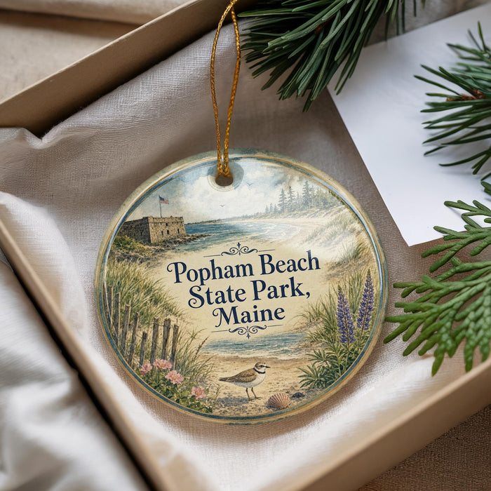 A decorative ornament with a beach scene and text, placed in a box with pine branches.