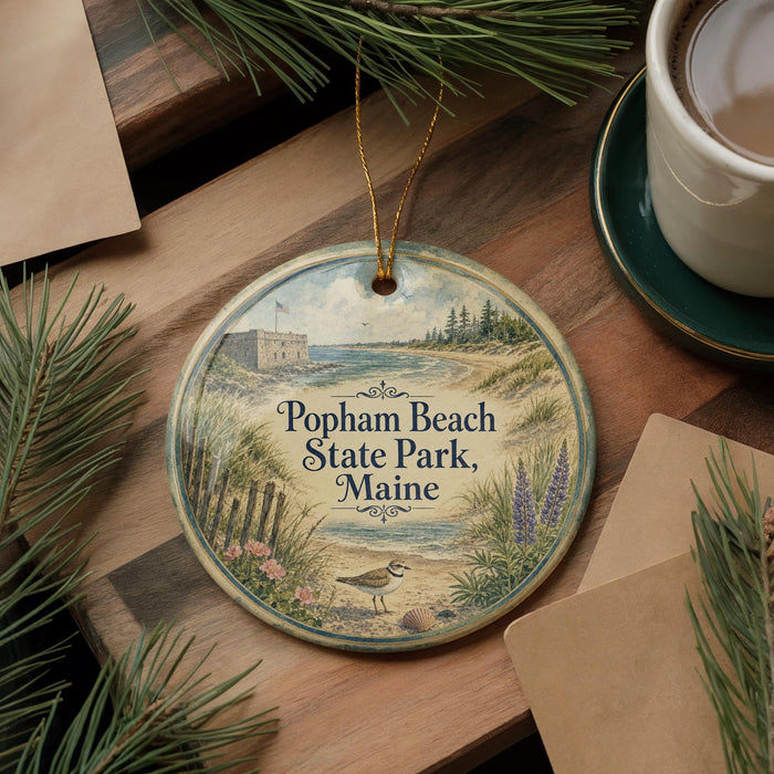 A decorative ornament featuring a seascape with a castle, surrounded by pine branches and a cup of coffee on a wooden surface.