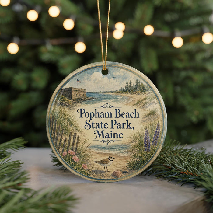 A circular ornament featuring an illustration of Popham Beach State Park in Maine, with a bird and a beach scene.