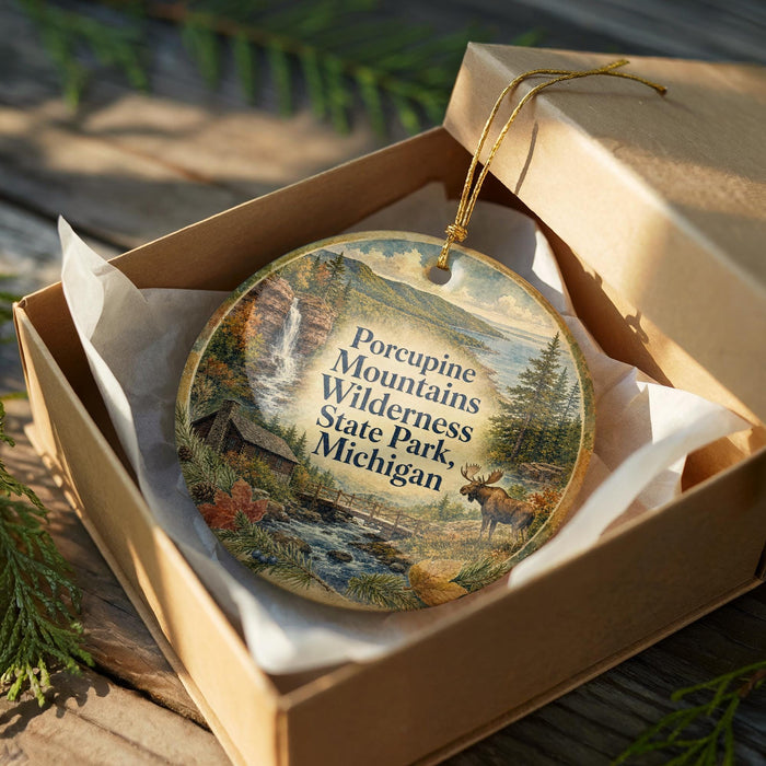 A wooden ornament in a box, featuring a scenic landscape with a waterfall, pine trees, and a moose.