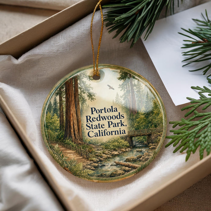 A round ornament with a painting of a forest scene, featuring a path leading through the trees and a small stream running through the center.