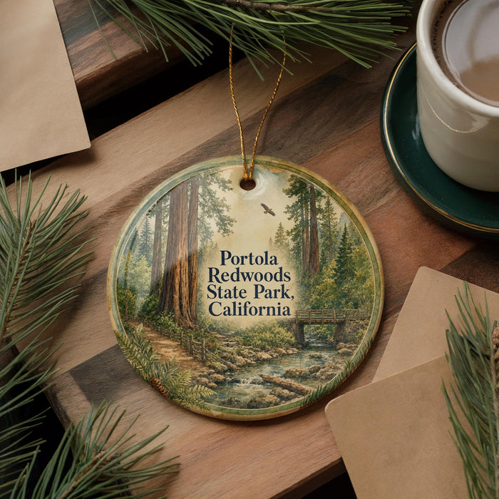 A decorative ornament featuring a scenic image of Portola Redwoods State Park in California, with a path leading through the forest and a bridge in the background. The ornament is placed on a wooden surface, surrounded by pine branches and a cup of coffee.