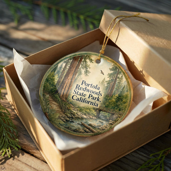 A round ornament in a box, featuring a scenic image of Portola Redwoods State Park in California.
