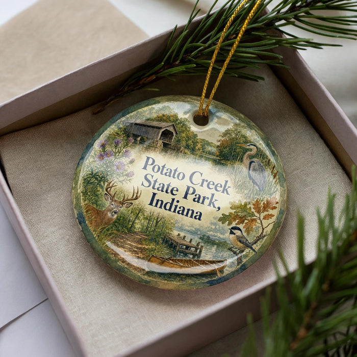 A decorative ornament in a box, featuring illustrations of a deer, a bird, and a bridge, with the text "Potato Creek State Park, Indiana" printed on it.