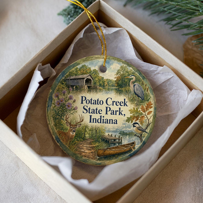 A decorative ornament in a white box, featuring a scenic image of Potato Creek State Park, Indiana, with various wildlife elements such as deer, a bird, and a canoe.