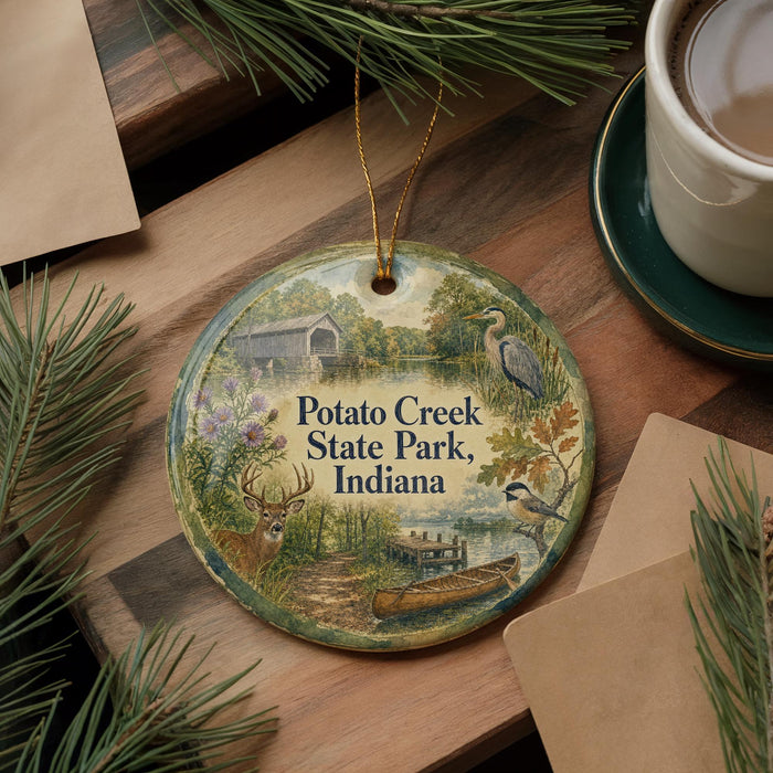 A decorative ornament featuring a scenic image of Potato Creek State Park, Indiana, with a bird, deer, and canoe in the foreground.